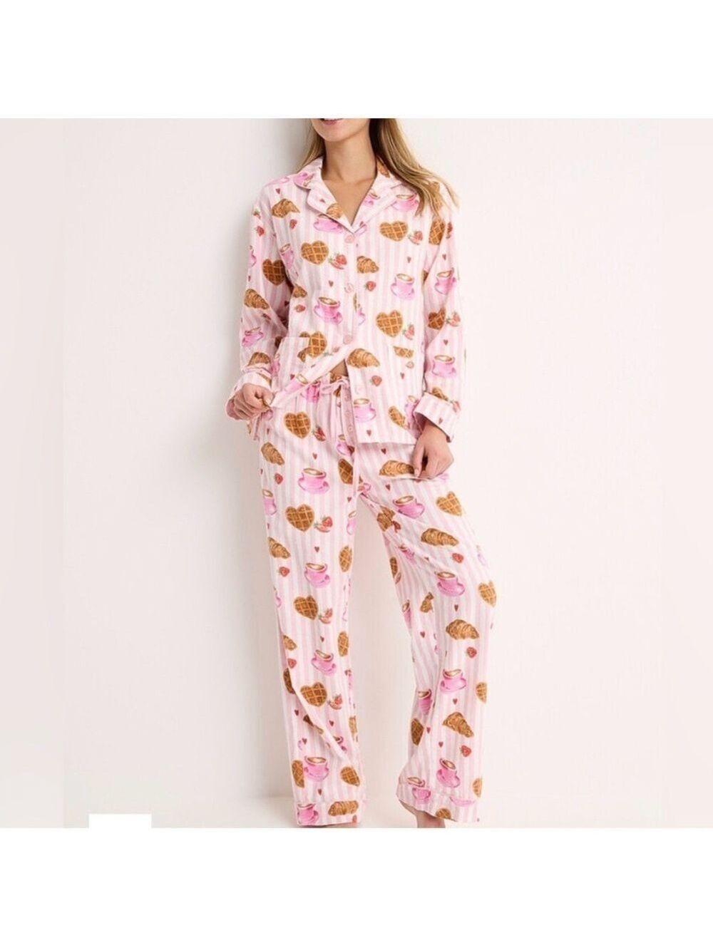 PJ Salvage Brunch Club flannel pajama set button up top pull on pants large
